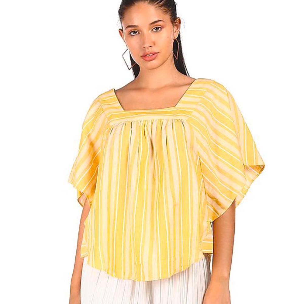 NWOT Tommy Hilfiger Mustard Yellow‎ Striped Flutter Sleeve Top - XXS